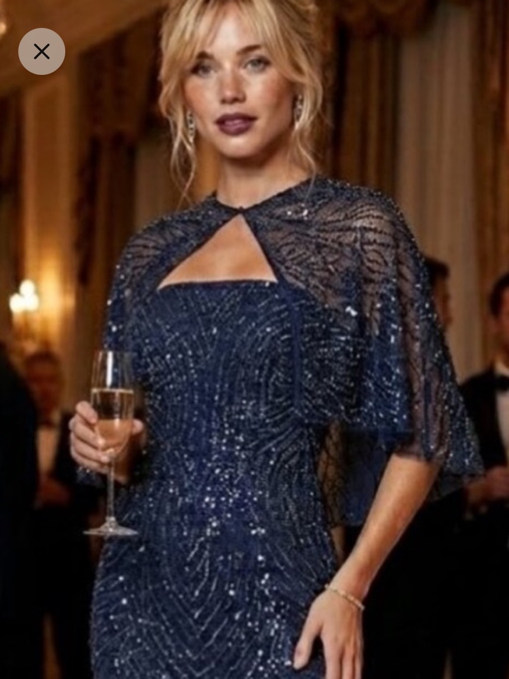 Marchesa Notte navy blue sequin embellished column cape gown dress size 4